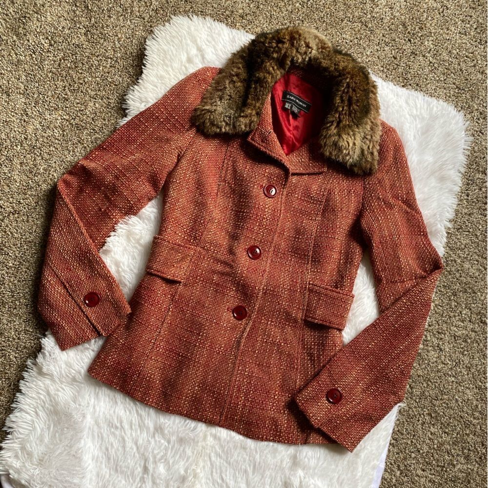 Zara Woman Jacket Coat Wool Blend Textured Button Front Lined Removable Faux Fur